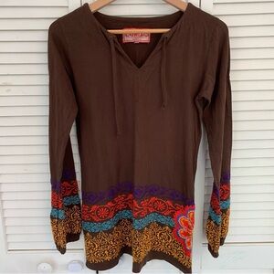 Johnny‎ Was JWLA Blouse Womens S Brown Floral Embroidered Tunic Peasant Boho Top